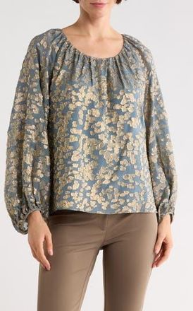 Lafayette 148 New York Metallic Balloon Sleeve Silk Blend Jacquard Top in Slate Blue Multi at Nordstrom Rack, Size X-Small