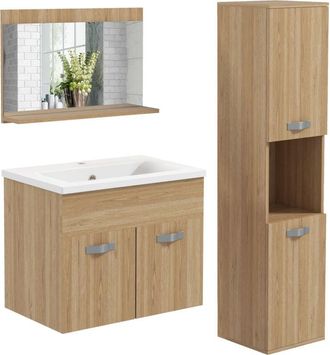 Kleankin conjunto de muebles de baño de pared de 3 piezas, incluye espejo, mueble de baño con lavabo cerámico, columna auxiliar, natural