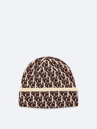 Calvin Klein Mens Allover Monogram Logo Beanie - Brown
