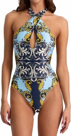 PQ Swim Antique Scroll Cross Front One Piece Swimsuit In Blue