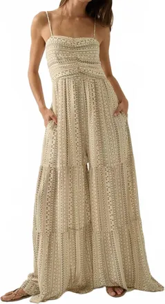 Promesa Geometric Print Ruched Wide-Leg Tiered Ruffle Jumpsuit In Oatmeal