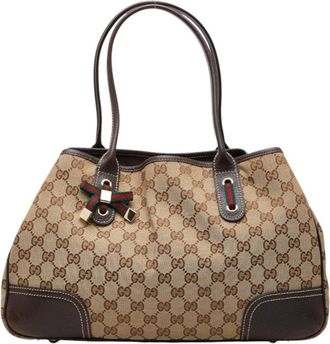 Gucci Beige White Canvas Leather Tote Bag (Pre-Owned)