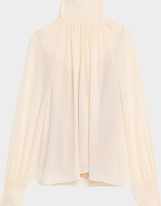Vince Gathered Long-Sleeve Crepe Blouse