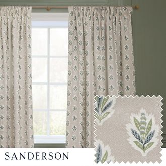 Sanderson Sessile Leaf Printed Room Darkening Pencil Pleat Curtains in Light Blue | Size: 168 cm width x 183 cm drop