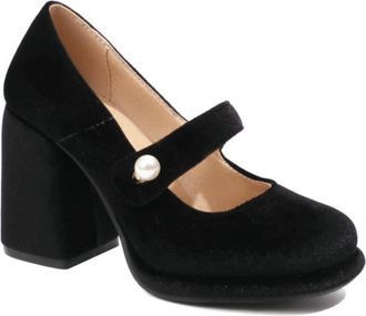 Generic Womens Block Heel Velvet Court Shoes - Pearl-Ankle Strap Pumps for Evening Events & Work 9CM,Black,7.5 UK