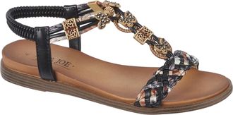 Jo & Joe Ladies Braided T-Strap Design Embellished Trim Elasticated Back Strap Flat Sandals (Black, UK Footwear Size System, Adult, Women, Numeric, Medium, 6)