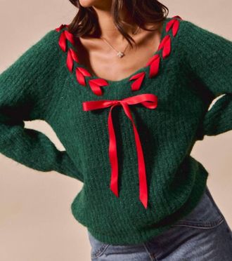 So Me Bow Sweater In Hunter And Red