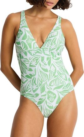 Sea Level Australia Leaf Print One-Piece Swimsuit in Matcha at Nordstrom, Size 10 Us