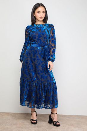 Oasis Womens Petite Velvet Contrast Belted Maxi Dress - Blue - Size 10 UK