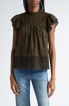 Ulla Johnson Kassi Eyelet Flutter Sleeve Cotton Top in Militaire at Nordstrom Rack, Size 2