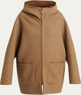Kiton Houndstooth Wool-Cashmere Hooded Overcoat