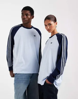 adidas Originals T-shirt a maniche lunghe azzurra e blu navy con bordi a contrasto