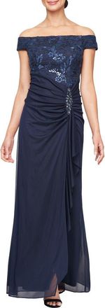 Alex Evenings Embroidered Lace Off the Shoulder Gown in Navy at Nordstrom, Size 12P