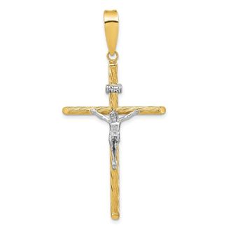 Diamond2Deal 14k Yellow Gold and White Rhodium and Textured INRI Crucifix Cross Pendant