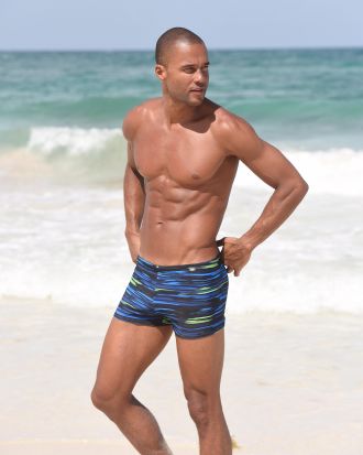 Kangaroos Boxer-Badehose KANGAROOS, Herren, Gr. 5, N-Gr, blau (marine, lime), Polyamid, gestreift, Badehosen Boxer-Badehose, mit Streifendesign