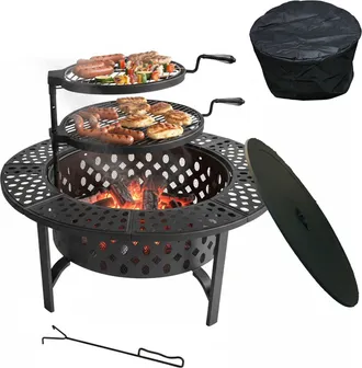 Relaxdays Relaxdays Braciere, &Oslash; 92 Cm, 2 Griglie Regolabili, Coperchio, Attizzatoio, Copertura