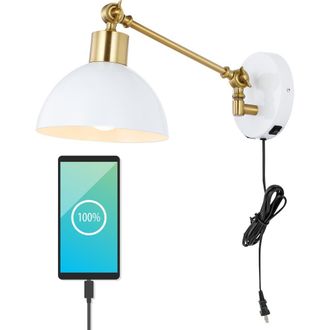 Jonathan Y Designs Lisa Swing Arm 1-Light Modern Midcentury Iron USB Charging Port LED Sconce in White at Nordstrom