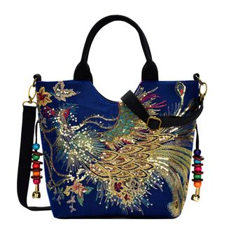 Generic Ethnic Style Women Shoulder Bag Peafowl Embroidery Canvas Crossbody Bag Casual Ladies Beads Pendant Retro Handbags (Blue)