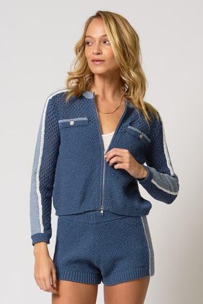 Central Park West Raya Mixed Stitch Zip Cardi in Navy at Nordstrom, Size Medium