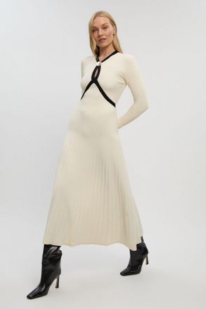 Karen Millen Womens Rib Knit Trim Detail Full Skirt Midi Dress - White Polyamide - Size X-Small