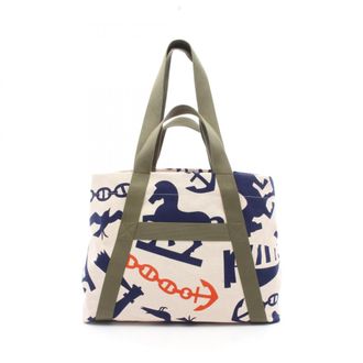 Herm&egrave;s Beige Multi-Color Navy Canvas Beach Bag Handbag Tote Bag (Pre-Owned)