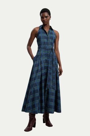 Karen Millen Check Taffeta Belted Maxi Shirt Dress in Navy at Nordstrom, Size 12