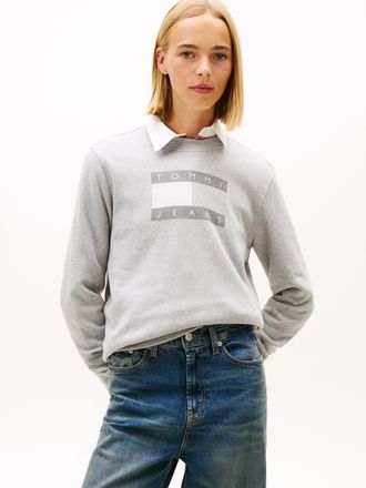 Tommy Jeans Sweatshirt TOMMY JEANS TJW REG TJ FLAG CREW, Damen, Gr. XL (42), tonal mid grau htr, Sweatware, Obermaterial: 100% Baumwolle, meliert, regular fit, Ru