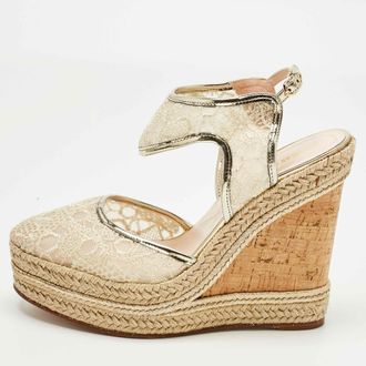 Nicholas Kirkwood Gold Lace And Leather Platform Wedge Ankle Strap Espadrilles