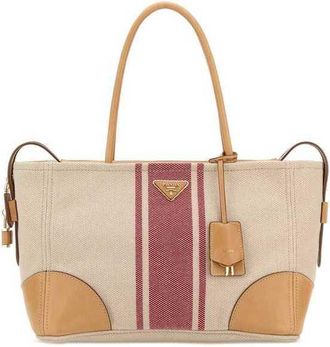 Prada Sand Canvas Large Shopping Bag Naturale+rosso Borse A Mano