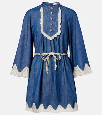 Zimmermann Awaken belted lace-trimmed denim minidress