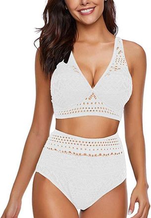 Generic Womens Two Pieces Crochet Lace High Waist V Neck Bikini Set Swimsuit Sexy Deep V Neck Bathing Suits Swimming Costume Mesh Monokini Padded Swimwear Whi