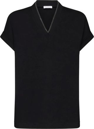 Brunello Cucinelli Tops, Dames, Zwart, XS, Katoen, Stretch Katoenen T-shirt