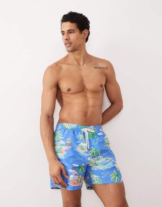 Polo Ralph Lauren Boxer da bagno blu medio con logo Bear-Bianco