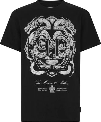 Philipp Plein Tops, Heren, Zwart, 2Xl, Katoen, T-shirt met Ronde Hals Vol Stenen Draak