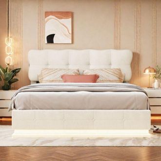 OEM Cama Doble 140x190 - Cofre Hidr&aacute;ulico - Almacenamiento Integrado - Cabecera De Terciopelo Beige - Led Rgb