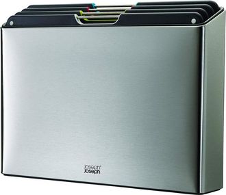 Joseph Joseph Joseph Joseph Folio Steel - Set di 4 pezzi, Taglieri da cucina neri in plastica, con custodia porta taglieri- Grande, Acciaio Inox/Nero