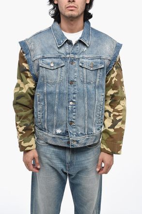 Celine Distressed Denim Jacket with Camouflage-Print Sleeves Celine