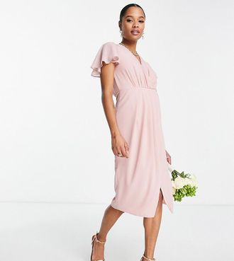 Tfnc Petite Vestito midi da damigella avvolgente con maniche con volant in chiffon color malva-Rosa