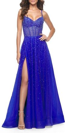 La Femme Rhinestone A-Line Tulle Prom Dress with Illusion Bodice in Royal Blue at Nordstrom, Size 12
