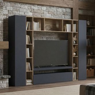 Dmora Pared Equipada Ddragon, Conjunto De Sal&oacute;n Mueble Tv Con 3 Puertas, Mueble De Sal&oacute;n Polivalente, 100% Made In Italy, Cm 270x35h210, Antracita Y Roble -