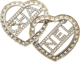 Chanel 2023 Gold Plated Rhinestones Logo Double Heart Brooch costume brooch