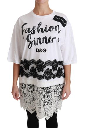 Dolce & Gabbana Womens Lace-Trimmed Logo-Print T-Shirt White Cotton Polyester Nylon