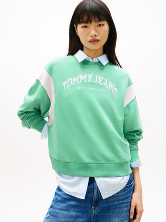 Tommy Jeans Sweatshirt TOMMY JEANS TJW BXY VARSITY CREW, Damen, Gr. XL (42), tropical tide, Sweatware, Obermaterial: 100% Baumwolle, unifarben, Rundhals, Sweatshi