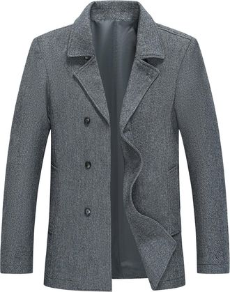 AlltheMen Mens Winter Warm Coat Herringbone Tweed Double Breasted Trench Coat Wool Blend Notch Collar Coat Blue 3XL