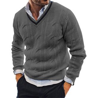 Generic VYLYNL Men Knitted Jumpers, V Neck Knit Pullover Sweater, Cable Knitted Jumper, Thick Long Sleeve Knitwear Chunky Cricket Jumper Solid Color Work Jump