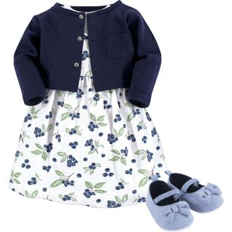 Hudson Baby Cotton Dress, Cardigan and Shoe Set in Blueberries at Nordstrom, Size 0-3M