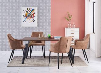 Life Interiors Juego De Comedor Cosmo Lux Zarah: Mesa De Comedor De Madera De Nogal Y Juego De 4 Sillas De Comedor De Cuero Marr&oacute;n - Comedor Cocina