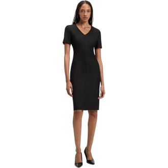 HUGO BOSS Damesjurk van Damaisa, knielengte, V-hals en korte mouwen (Zwart)