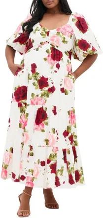 City Chic Mindy Floral Print Puff Sleeve Maxi Dress in Dolce Ivory at Nordstrom, Size Xxxs