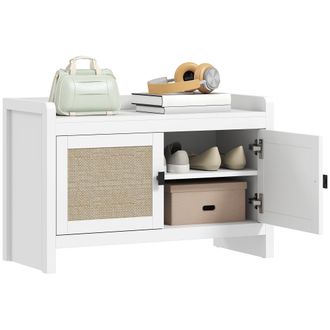 OEM Banco Zapatero Con Puertas Frentes De Rat&aacute;n Balda Extra&iacute;ble Para Entrada O Dormitorio 80x35x52 Cm Blanco Y Beige